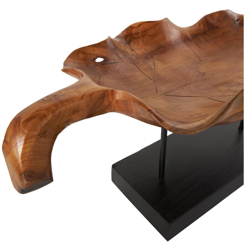 Teak Wood Leaf Floating Sculpture with Black Stand and Base - Brown - Roche River Decor - 11"W x 21"L x 10"H