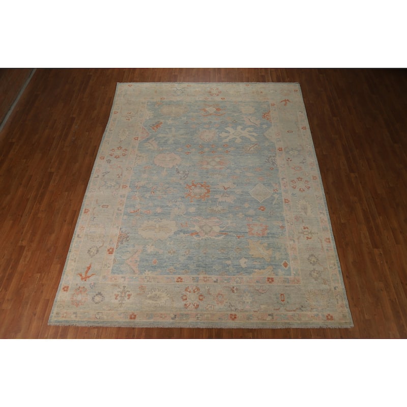 Light Blue Vegetable Dye Oushak Turkish Area Rug Handmade Wool Carpet - 8'9"x 11'8"