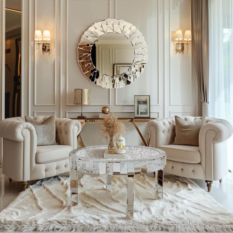 Mirrored Glass Coffee Table with Crystal Diamonds Surface Mirror Beveled Side Table