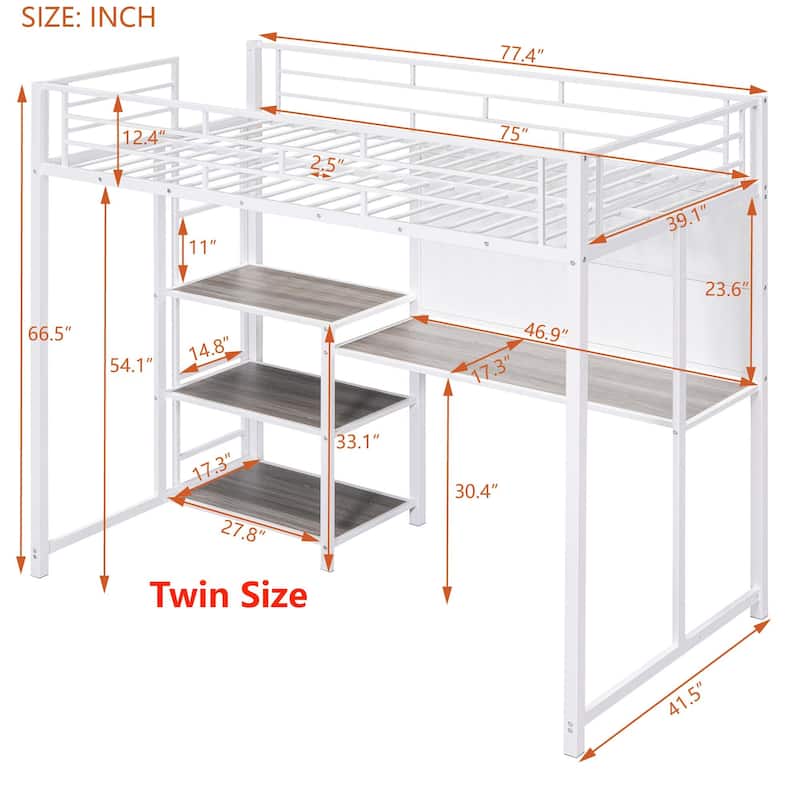 Metal Loft Bed with 3 Shelves and Ladder
