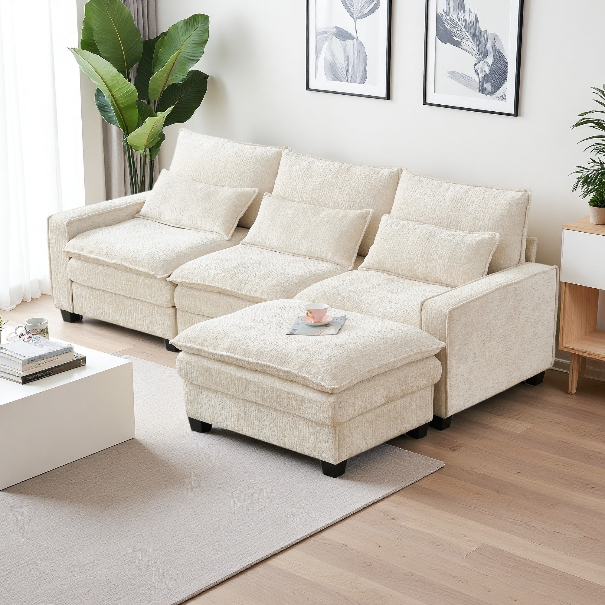 99" Chenille L-Shaped Sectional Sofa with Ottoman and Deep Seat Cushions ( 4-Seater)