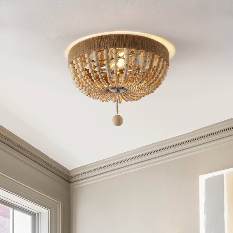 Norris Wood Bead 14" 2-Light Farmhouse Bohemian Iron LED Flush Mount, Light Taupe/Chrome by JONATHAN Y