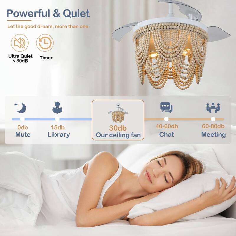 Cusp Barn 42 Inch Boho Retractable Ceiling Fan with Remote, Coastal 6 Speeds Fandelier, Farmhouse Caged Wood Beaded Ceiling Fan