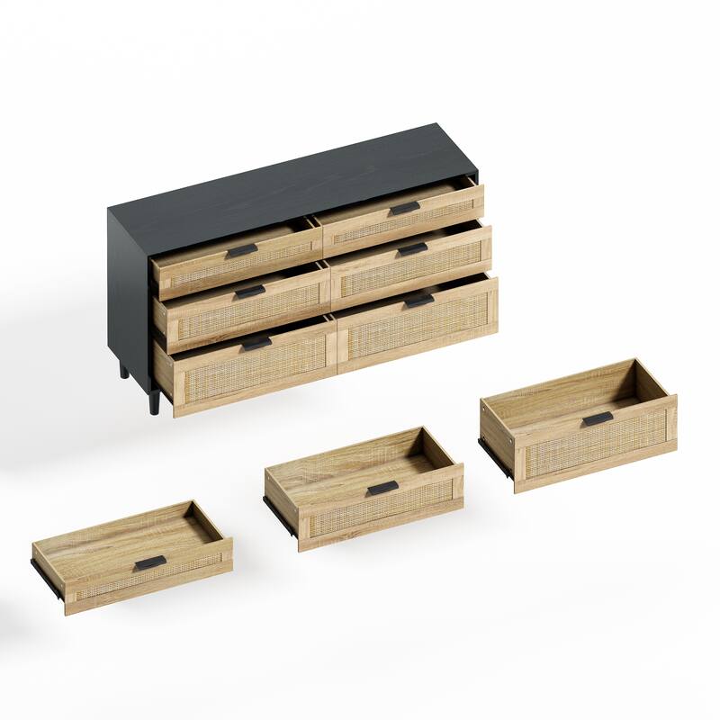 Rattan 6-Drawer Double Dresser with Metal Handle, Clothes Storage Cabinet for Bedroom