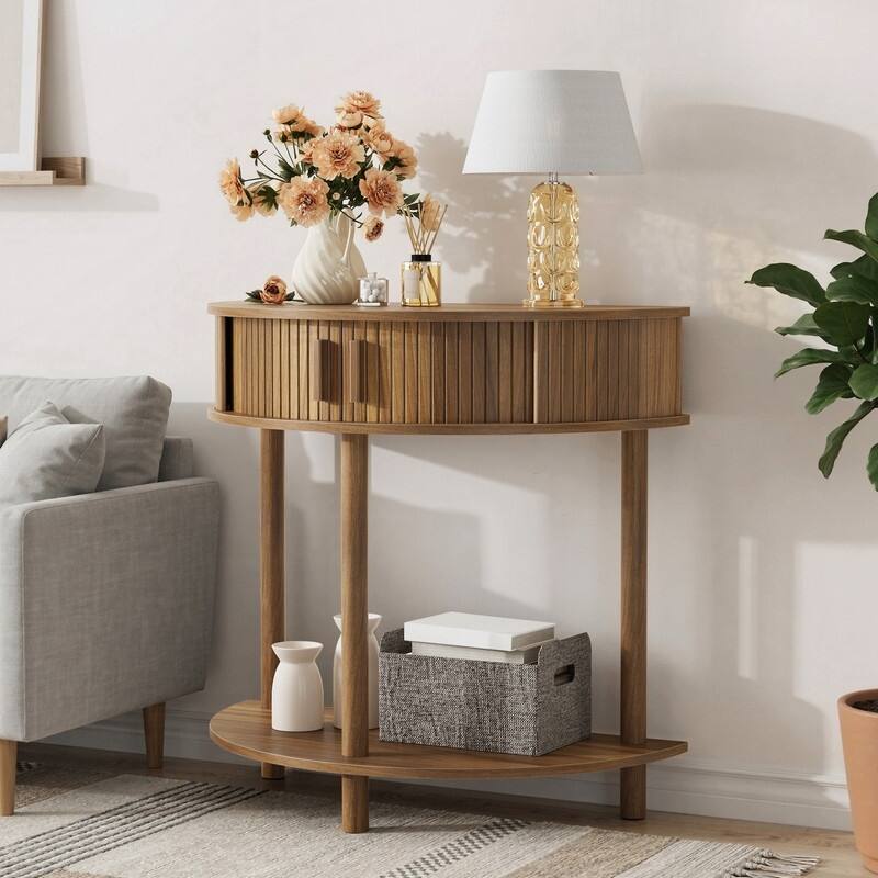 31.5-Inch Grooved Half-Moon Console Table for Modern Entryways and Farmhouse Living Room Decor