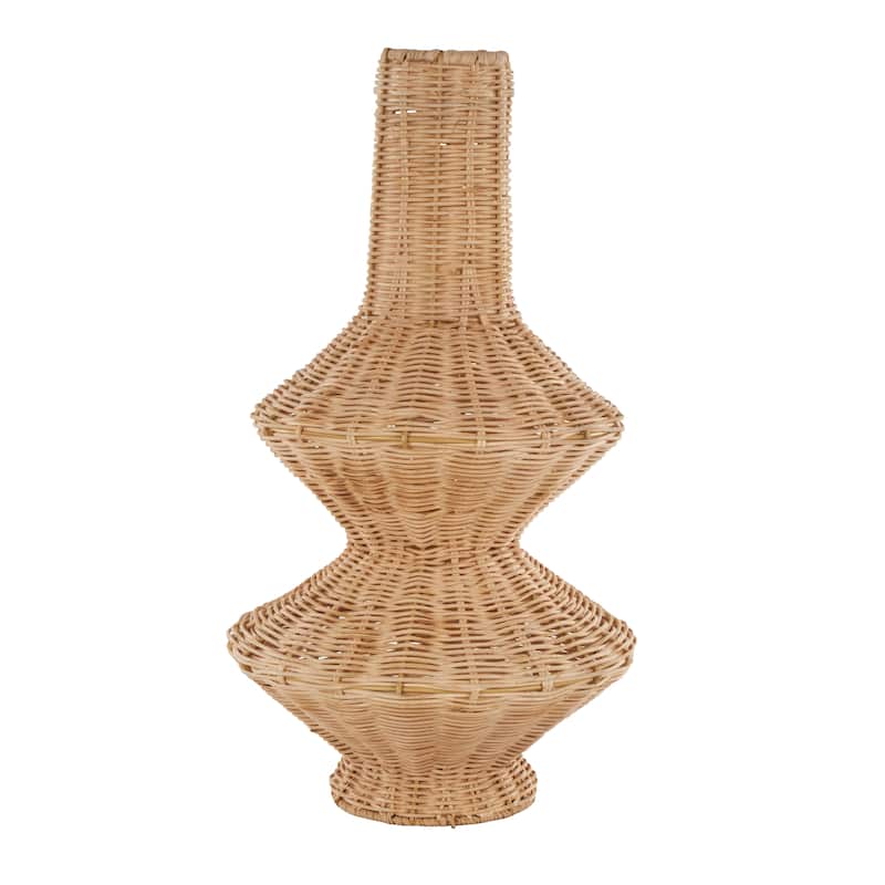 Brown Rattan Handmade Woven Fluted Hourglass Decorative Vase