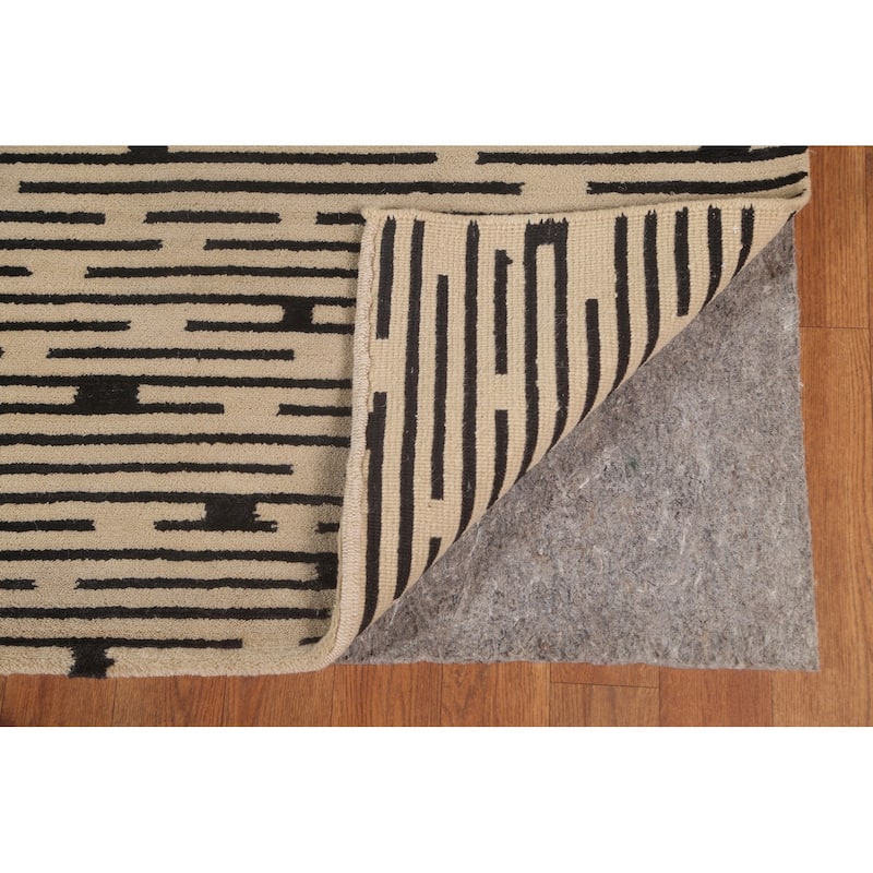 Beige Striped Nepalese Large Area Rug Handmade Wool Carpet - 10'1" x 13'9"