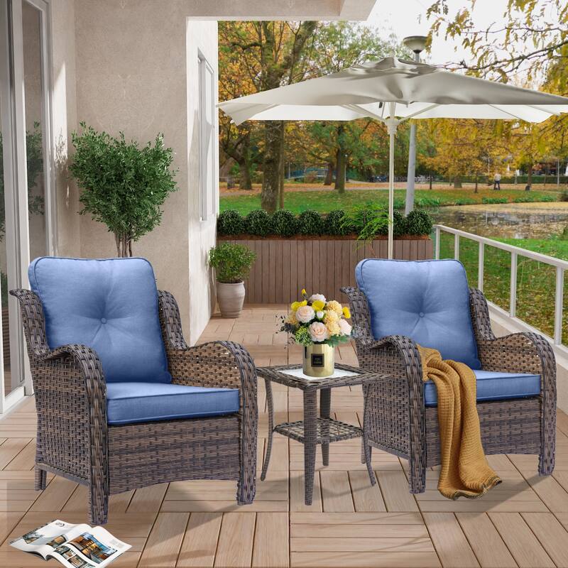 3 Piece High Back Wicker Rattan Outdoor Patio Furniture Chairs Set