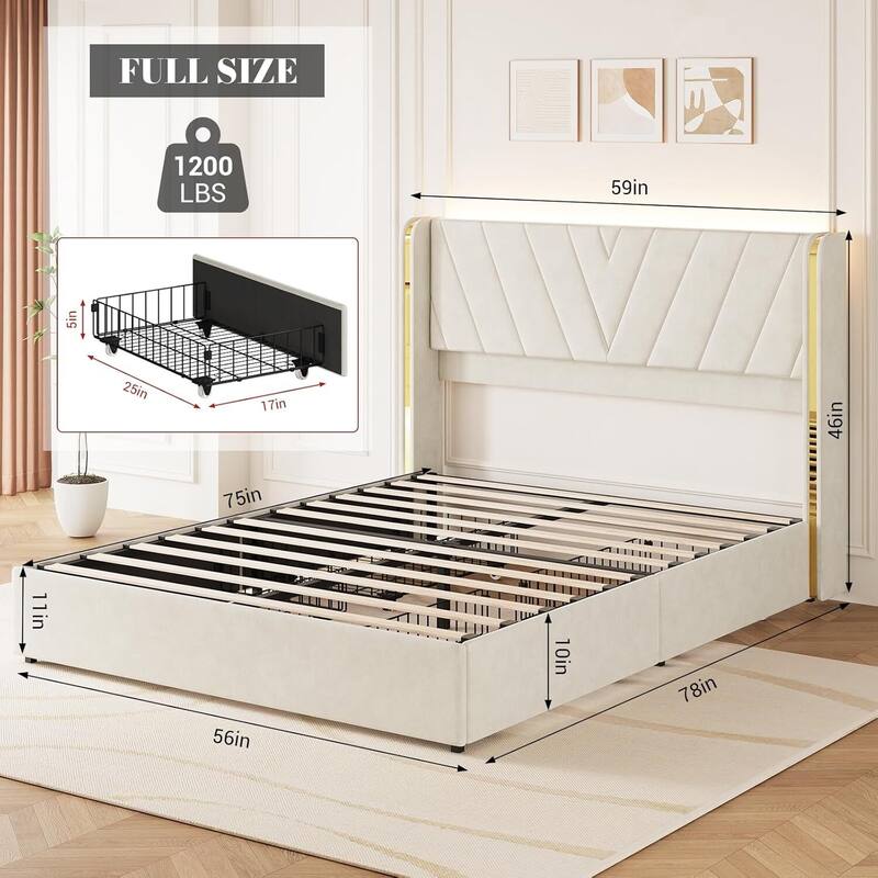 Upholstered LED Bed Frame with 4 Storage Drawers, No Box Spring Needed