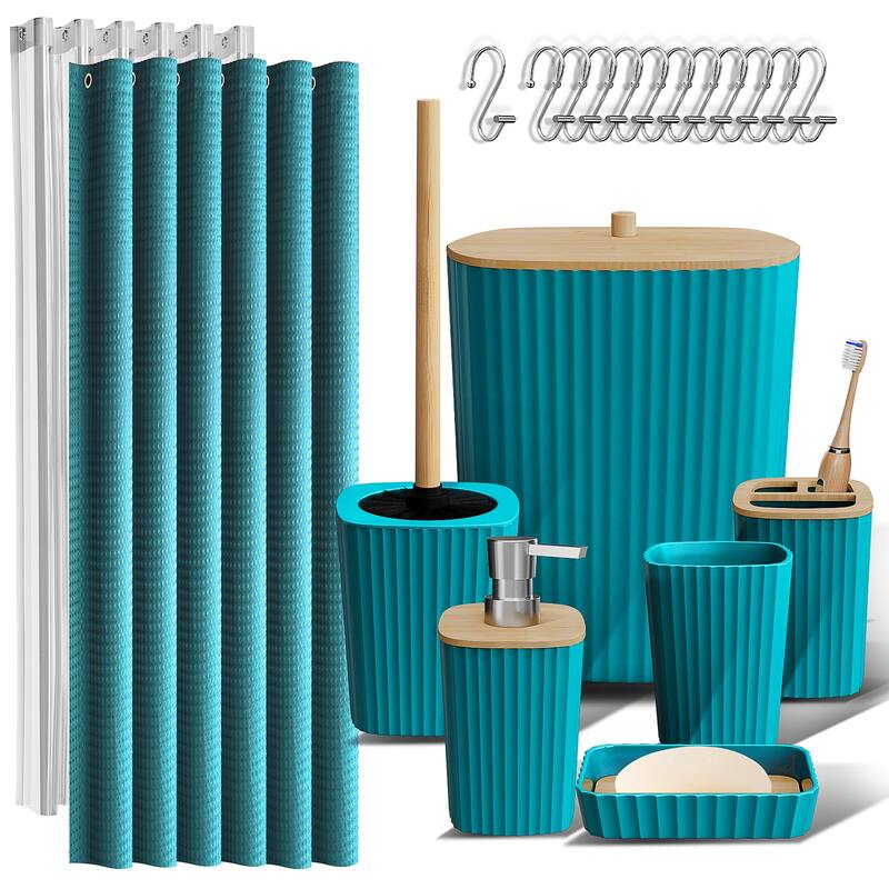 Empyrean Bamboo Bathroom Accessories Set with Shower Curtain Set, Toilet Brush, Trash Can & Soap Dispenser - Complete Set - Teal
