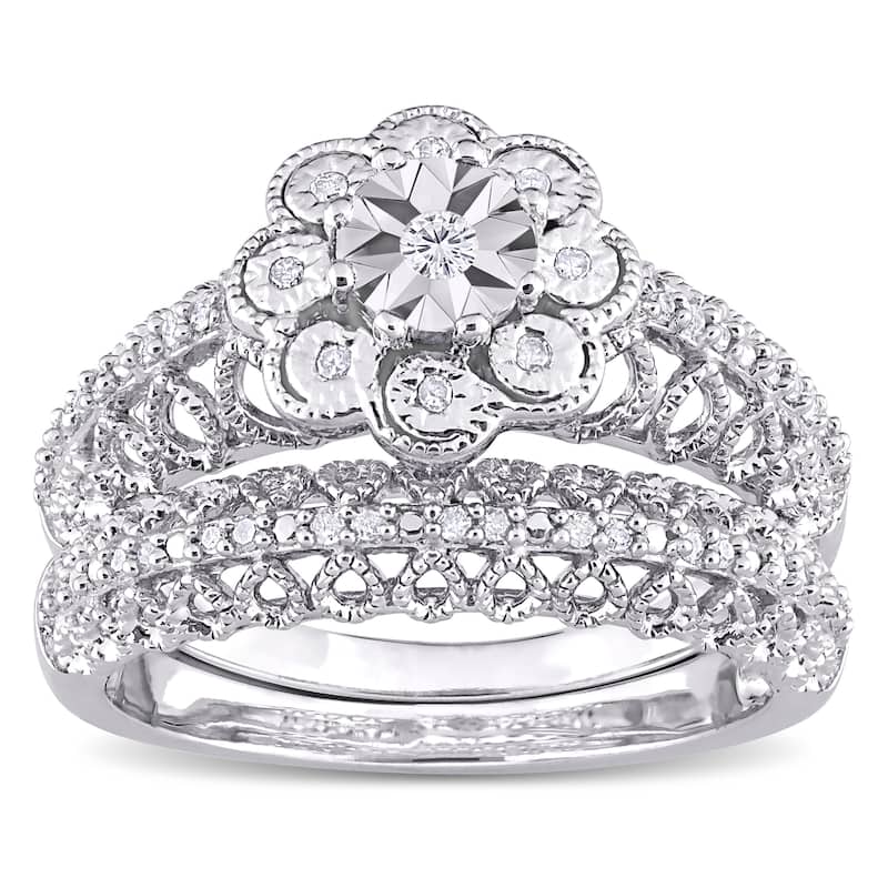 Miadora Sterling Silver 1/6ct TDW Diamond Floral Vintage Bridal Ring Set