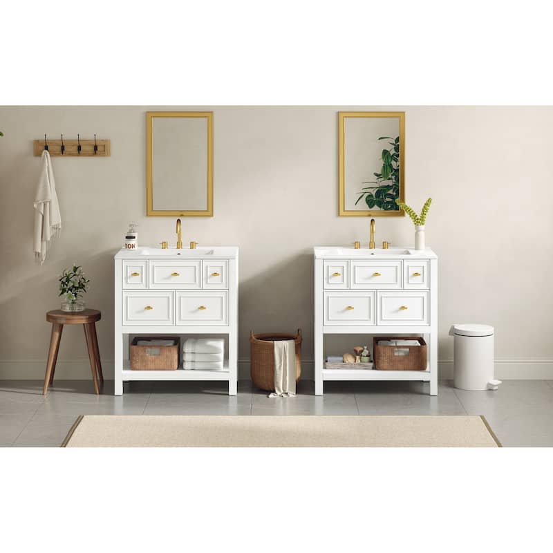 60'' Bathroom Vanity With Ceramic Sink Combo, Free Standing Single Vanity Set With 5 Drawers,Solid Wood FrameStorage Cabinet