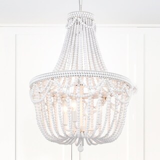 White Wood Beaded Chandelier 19.6" Wide Farmhouse Chandeliers 4-Light