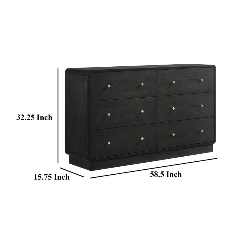 Cavy Wide Dresser, 6 Storage Drawers, Black Wood, Round Gold Knobs