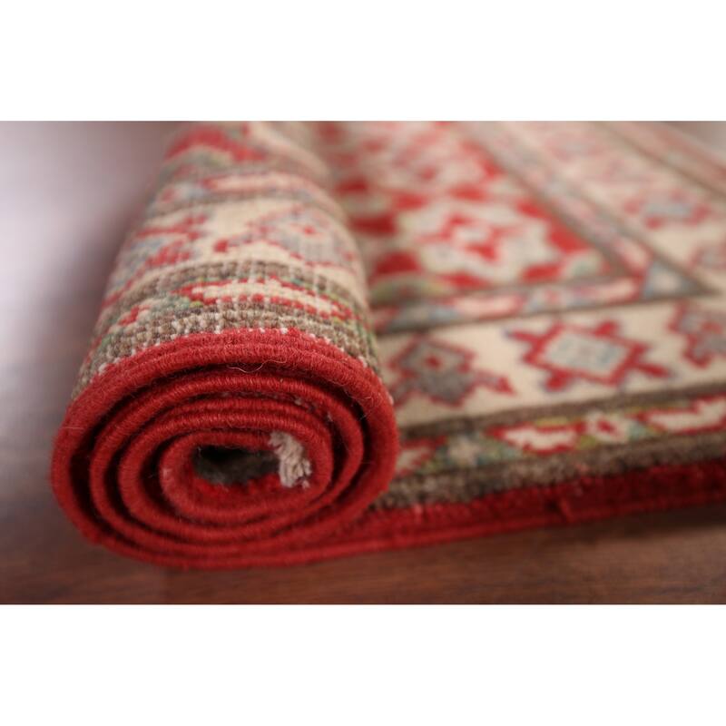 Geometric Kazak Foyer Rug Handmade Oriental Red Wool Carpet - 2'0" x 3'0"