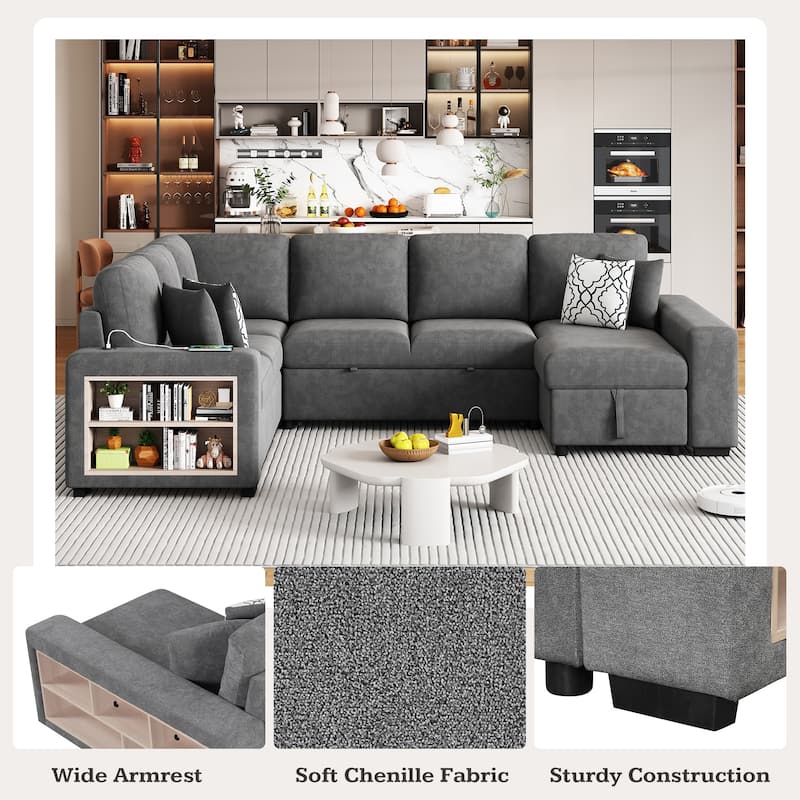 109" U-Shaped 6-Seat Sofa with Pull-Out Bed and Storage Chaise