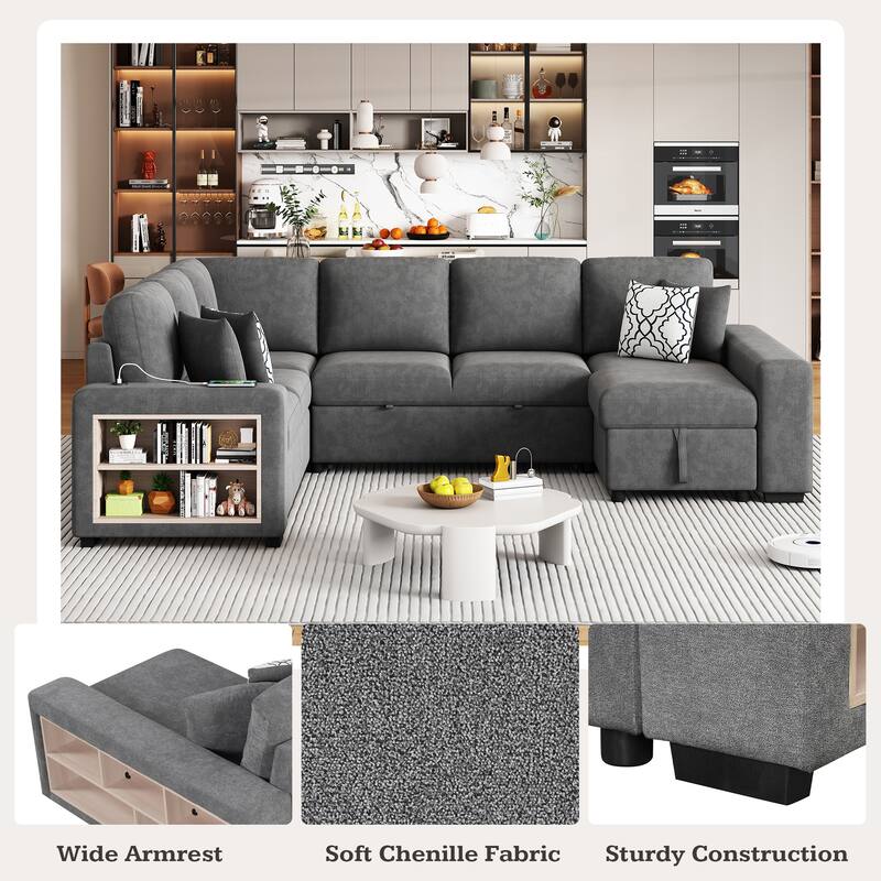 Grey 109" U-Shaped 6 Seater Sectional Sofa with Pull-Out Bed, Storage Chaise Lounge, 4 Back Pillows, and USB Charging Ports