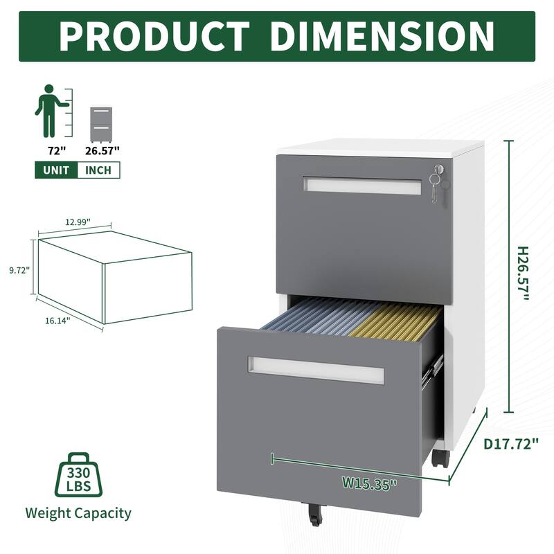 2-Drawer Mobile File Cabinet with Lock, All-Steel Metal Storage Cabinet on 360°Wheels, Holds A4/Letter/Legal Files