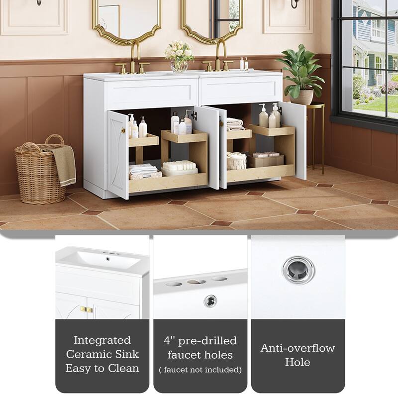 60"Bathroom Vanity with Ceramic Sink Combo, Modern Freestanding Storage Cabinet with Gold Handles, Soft Closing Doors