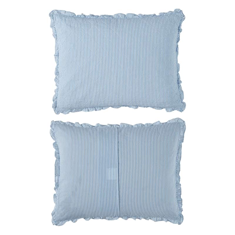 Laura Ashley Oxford Stripe Cotton Reversible Blue Quilt Set