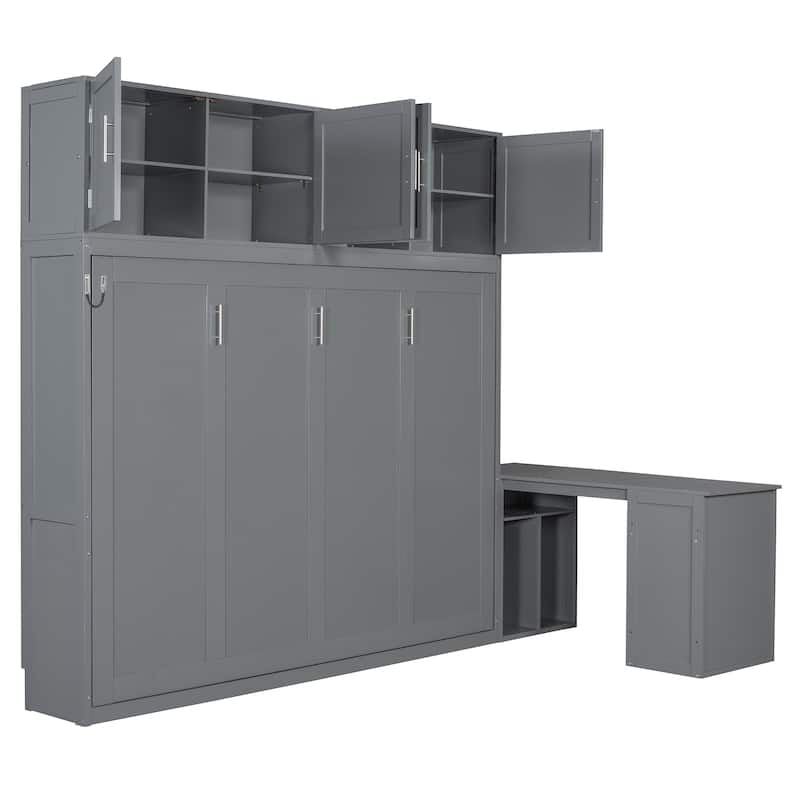 Space-Saving Queen Murphy Bed with Desk & Storage, Gray - Hydraulic Wall Bed for Small Rooms