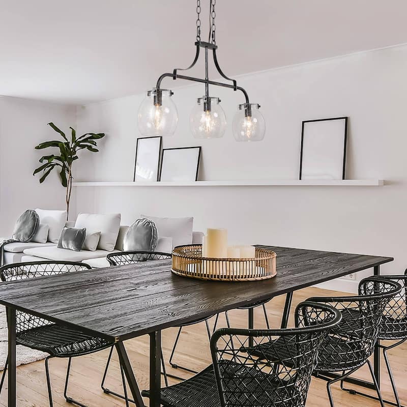 Modern Farmhouse 3-Light Linear Chandelier Seeded Glass Island Lights for Dining Room - L25"x W 5"x H 14"