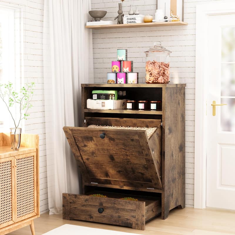 Mieres Rustic Brown Wooden Furniture Style Pet Feeder Station, Dog Food Station Organizer with Bins and Drawers - N/A - Rustic Brown