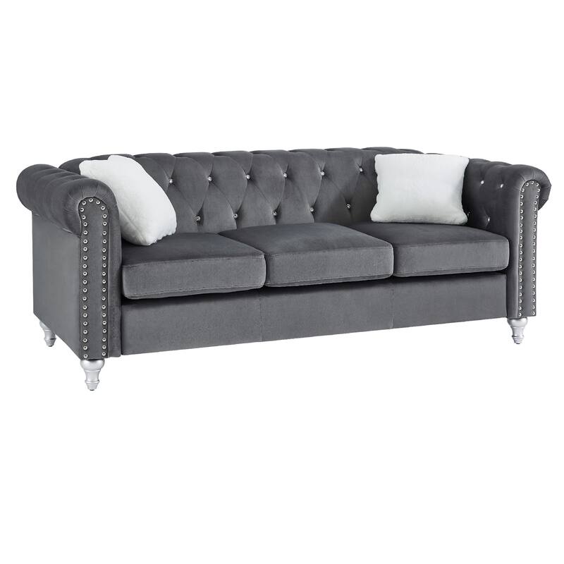 Tufted Faux Jewel Velvet 3-Seater Sofa with Throw Pillows - 83" - Gray
