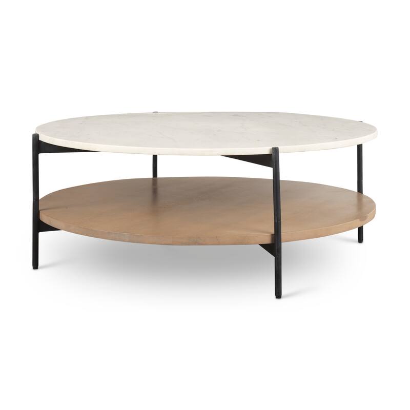 Larkin Two-Tier White Marble Top and Solid Wood Round Coffee Table - White Marble Top and Light Brown Shelf