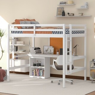 Full Size Wooden Loft Bed with Desk and Writing Board, Wooden Loft Bed with 2 Drawers & Cabinet