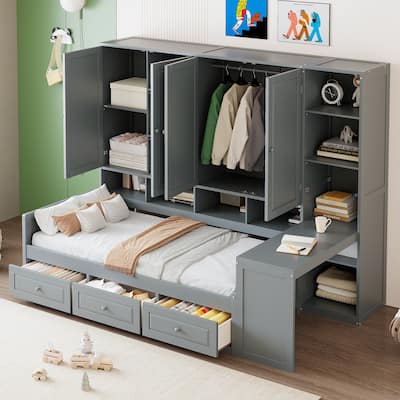 Modern Twin Daybed with All-in-One Cabinet, Desk Wooden Daybed Sofa Bed Frame with 3 Drawers, Multi-Functional Headboard