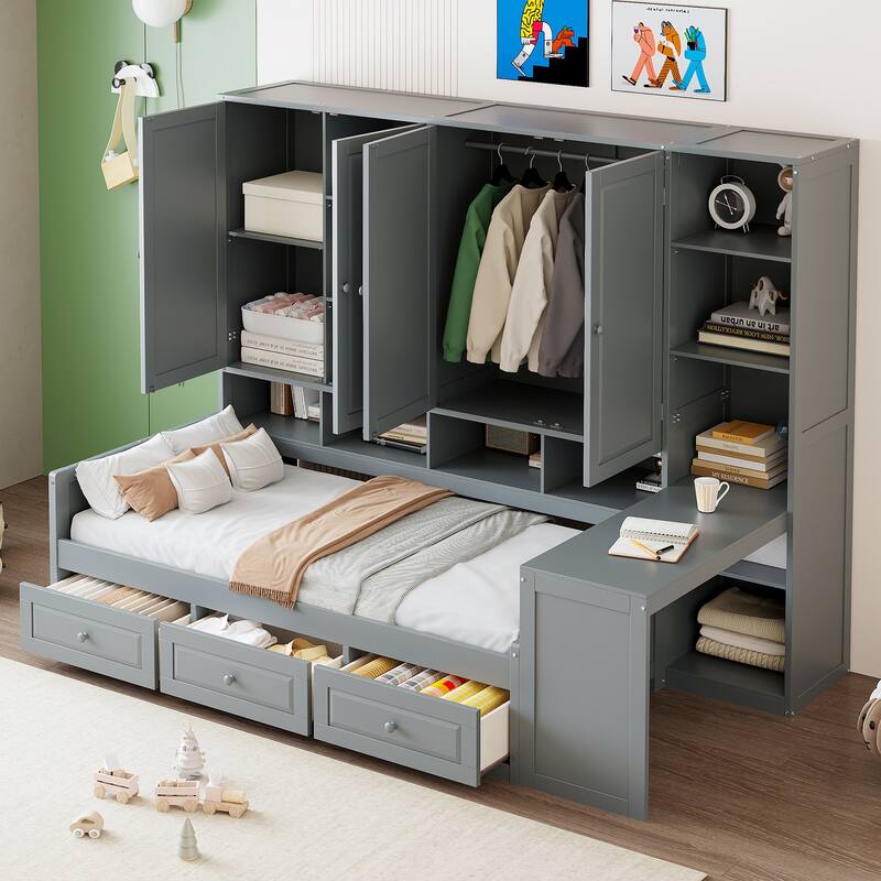 Versatile Twin Size Daybed with Desk & All-in-One Cabinet, Space-Saving Wooden Storage Platform Frame with 3 Drawers and Shelves