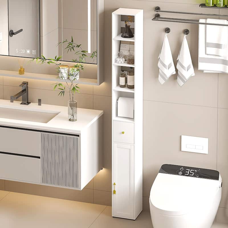 VECELO Tall Bathroom Storage Cabinet, Freestanding Linen Tower with 4-Tier Shelf, 1 Drawer and 1 Cupboards