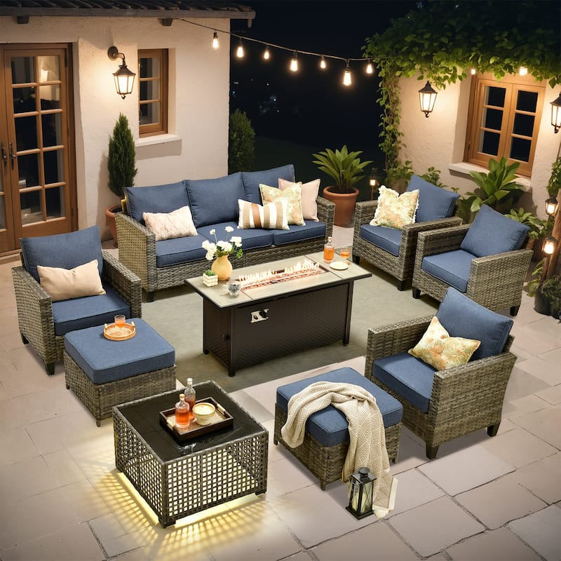 OVIOS 9 Pieces Patio Furniture Set with Solar-Powered Table & 54" Fire Table