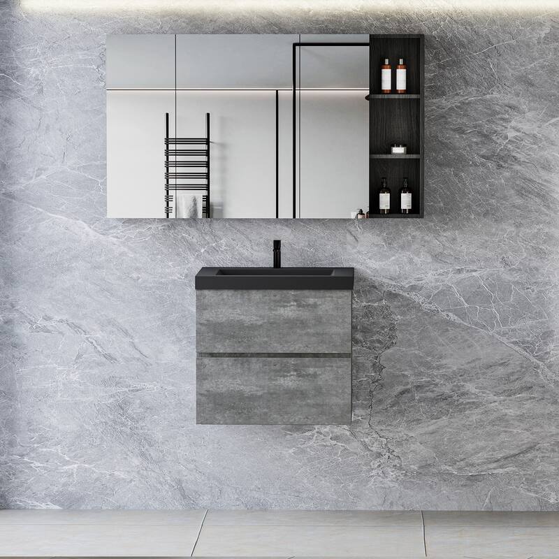 24/30/36/48/60 inch Melamine Floating Bathroom Vanity with Sink and Black Quartz Sand Top Basin and Soft Close Drawers - 24" x 20" x 22"