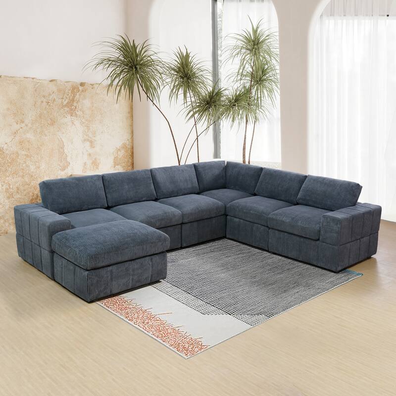 Oversized Corduroy 7 - Piece Corner Sectional Sofa Couch with Ottoman for Living Room Sofa Set - Dark Grey