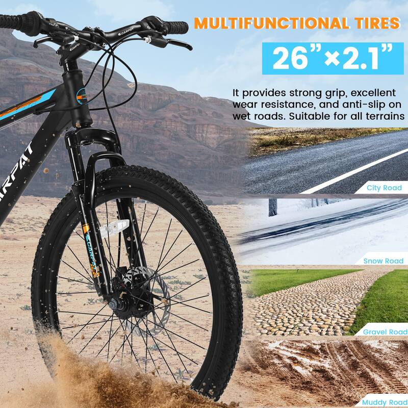 Unisex Mountain Bike - High-Carbon Steel Frame, Suspension, Mechanical Disc Brakes, Shimano Gears - 21