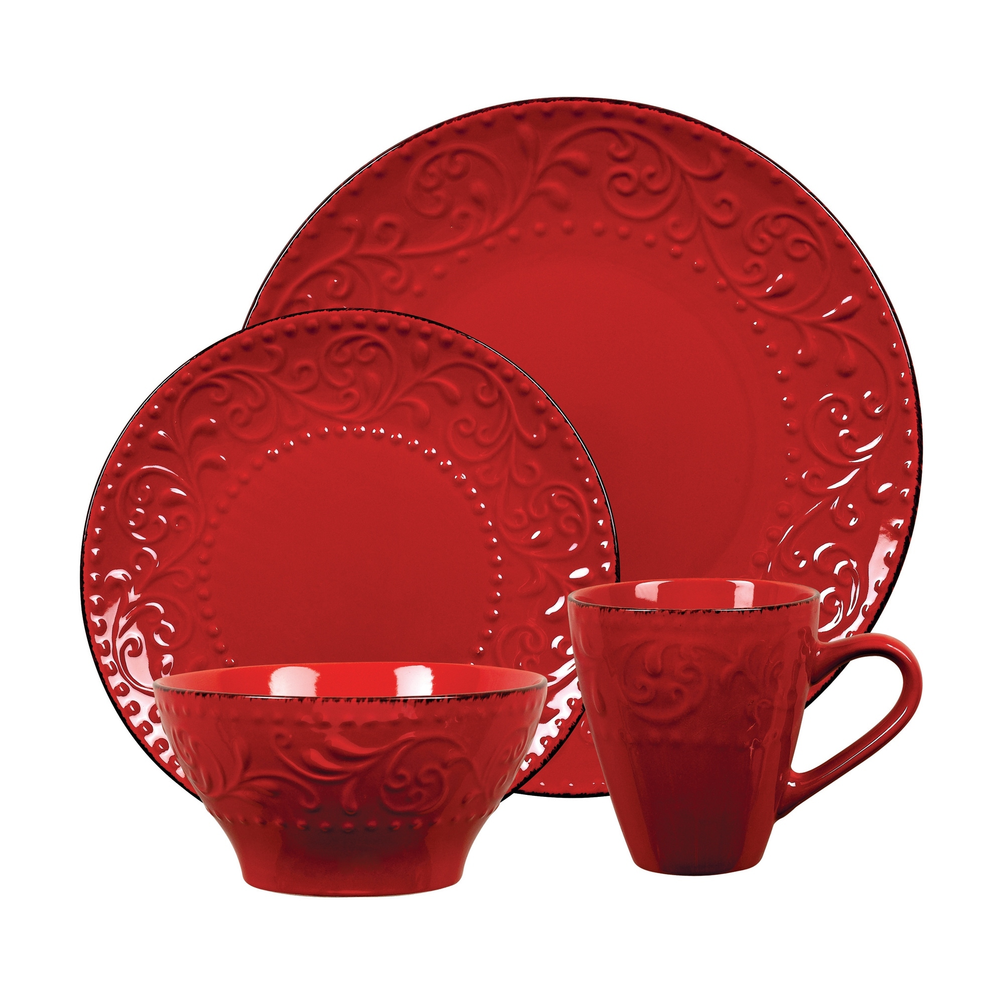 Lorren Home Trends Red Scroll Stoneware 16-piece Dinnerware Set