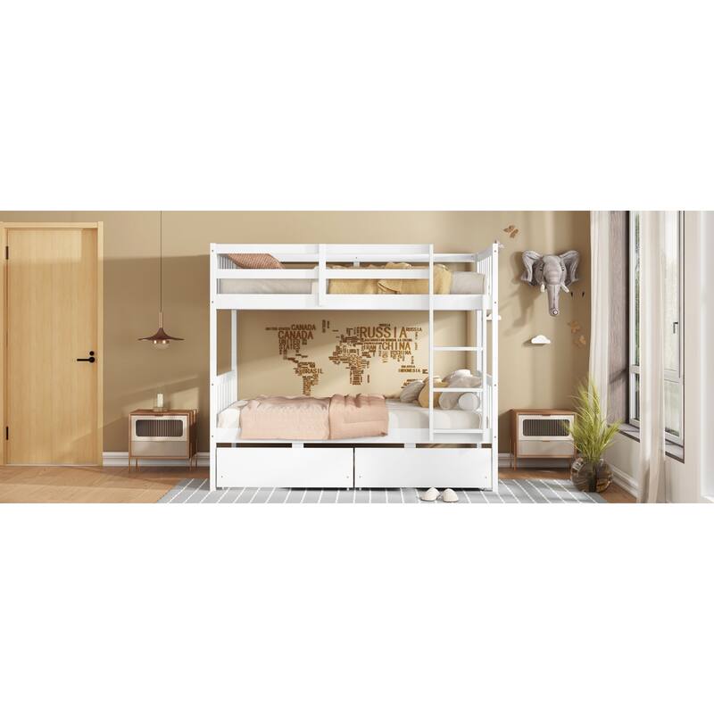 Roomfitters Twin Over Twin Rubber Wood Bunk Bed with Underbed Storage, Convertible to 2 Twin Beds, Ladder & Guardrails