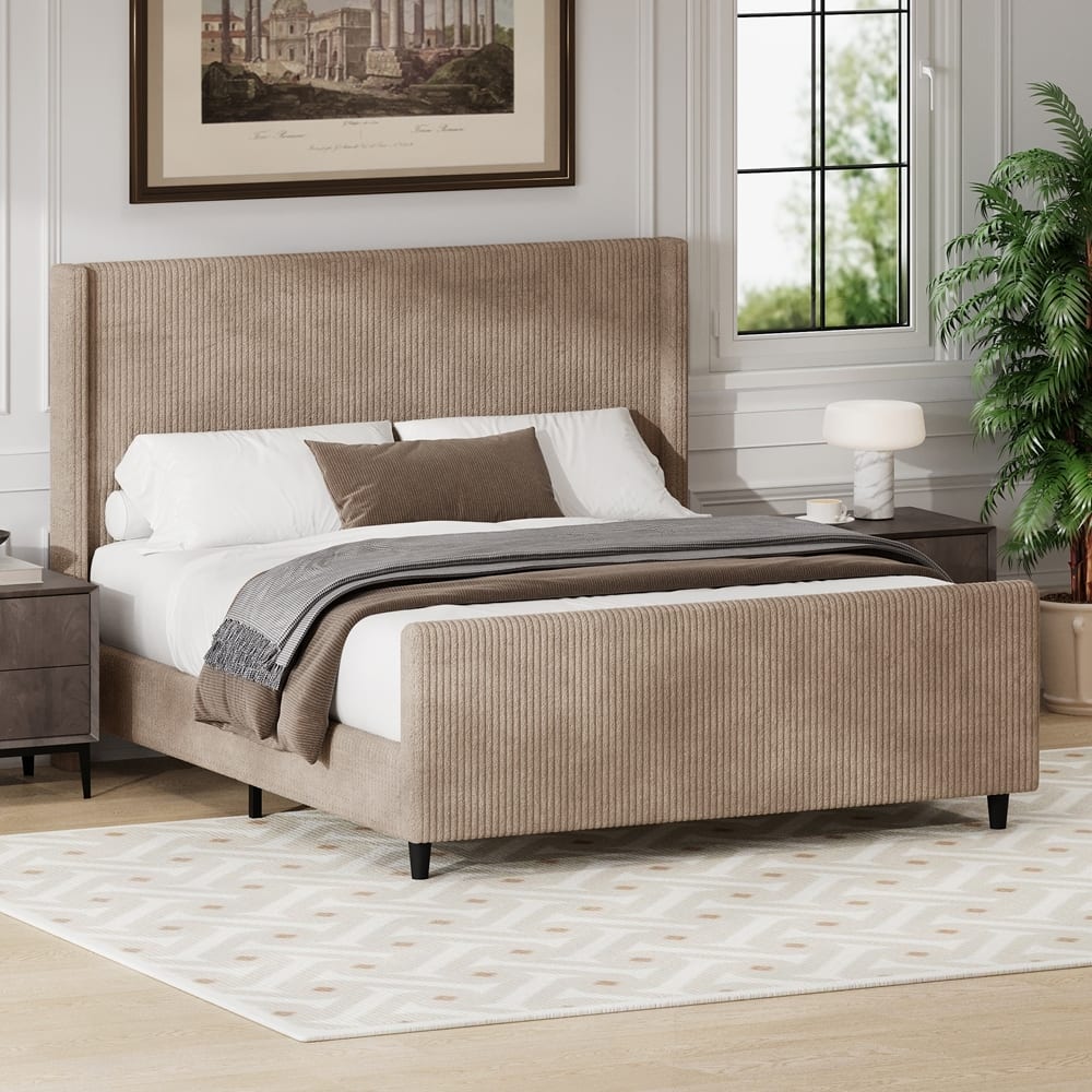 Modern Vertical Stripe Wingback Headboard Corduroy Upholstered Bed Frame