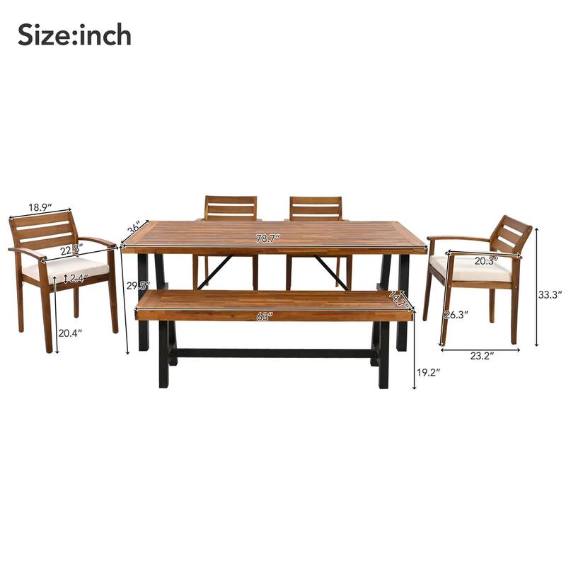 7-Piece Outdoor Wood Dining Table Chairs Set with Cushions and Bench
