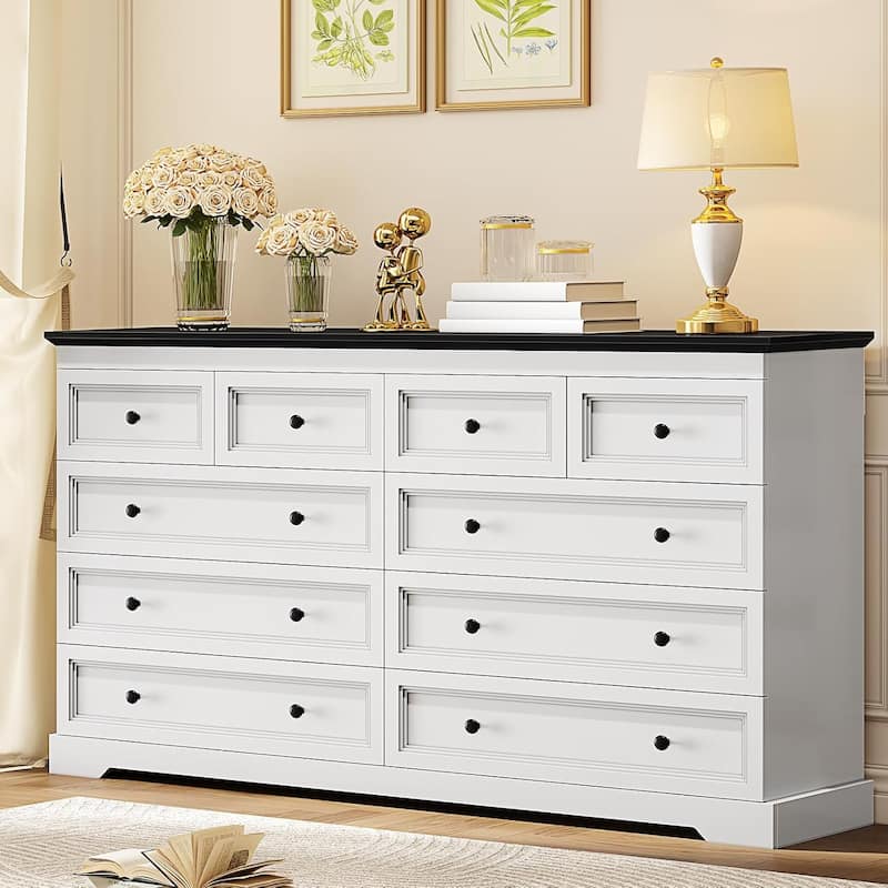 10 Drawers Dresser 55" Large Drawers Wood Dressers & Chest of Drawers - White and Black - 10-drawer