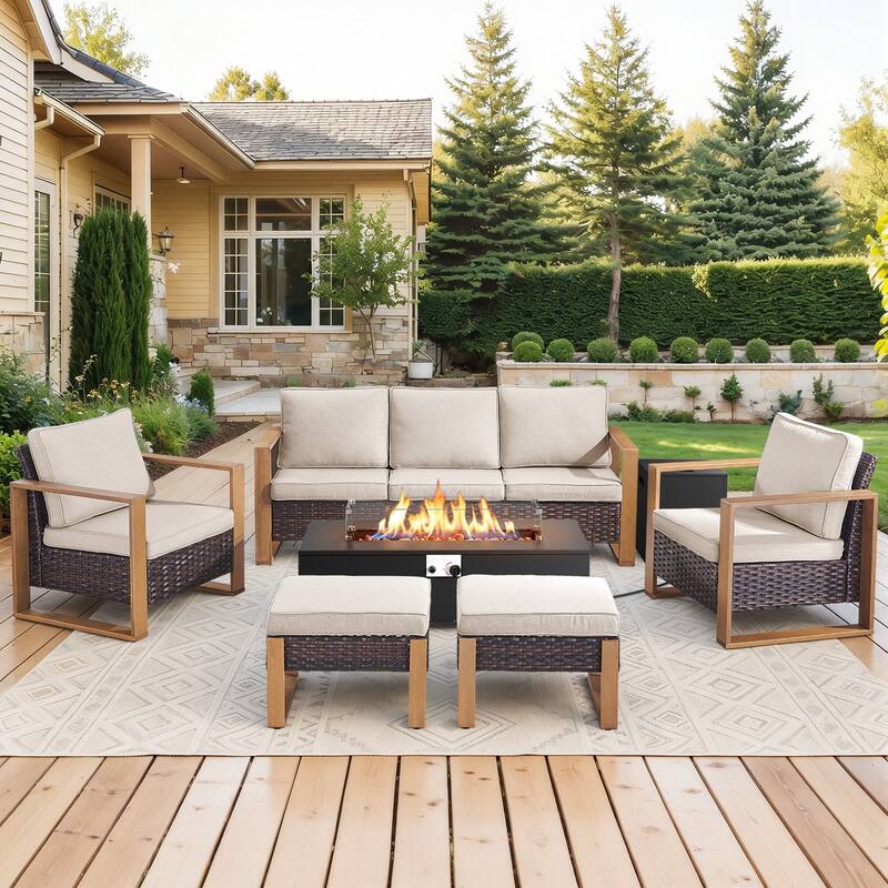 Meyreso Wicker Patio Conversation Set with Metal Fire Pit Table & 4.5-Inch Olefin Cushions