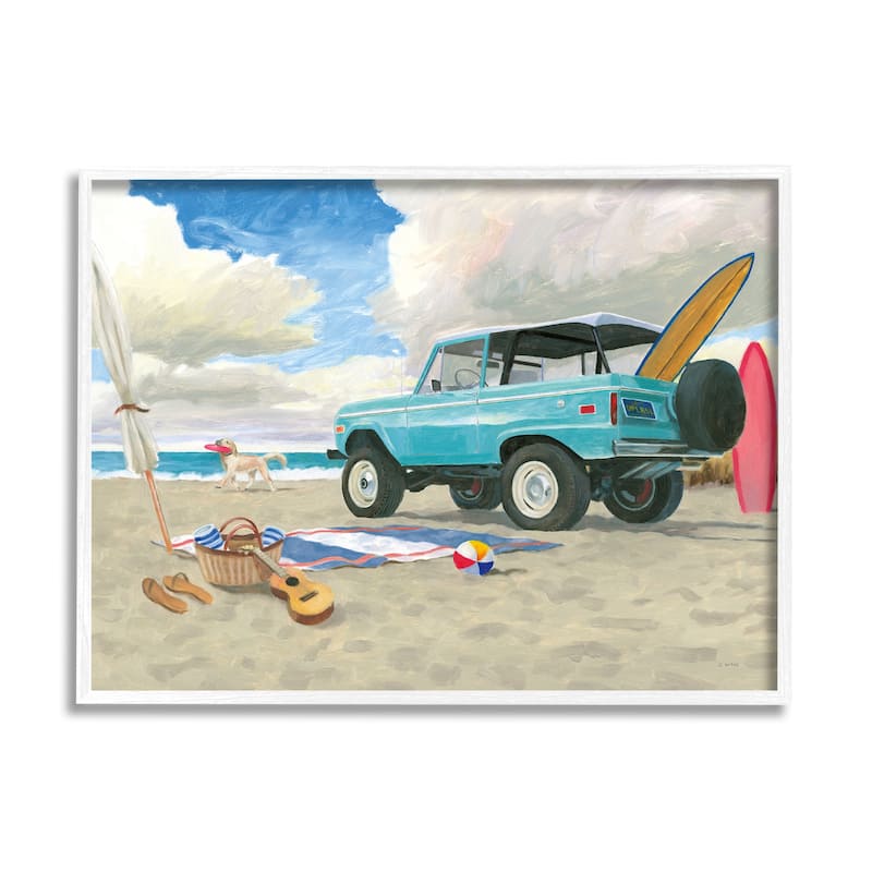 Stupell Summer Sandy Beach Cruiser Surfboard Coastal Dog Framed Wall Art - Blue