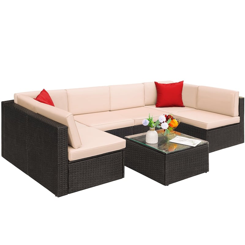 Lacoo 7 Pieces Outdoor Sectional Sofa Wicker Rattan Conversation Sets - Beige