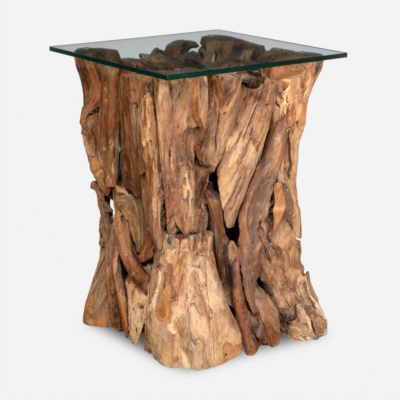 Teak Wood End Table with Glass Top - 24"