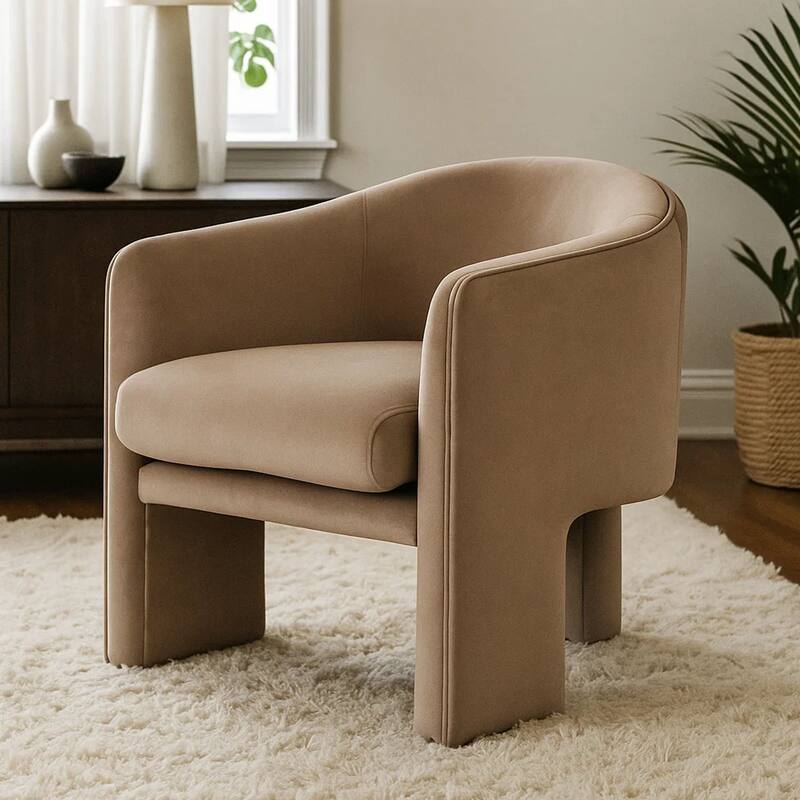 Lery Accent Chair, Curved Back Tripod Base, Camel Brown Velvet, 29 Inch