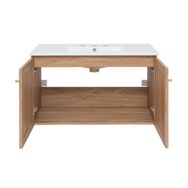 Classe 36 In. Brown Oak Wall Hung Bathroom Vanity With White, 3-Hole Ceramic Sink Top