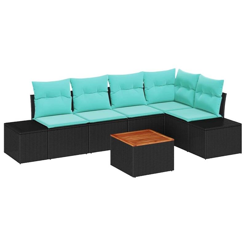 vidaXL 6 Piece Garden Sofa Set with Cushions Black Poly Rattan Acacia - 103.9×60.6×27.2