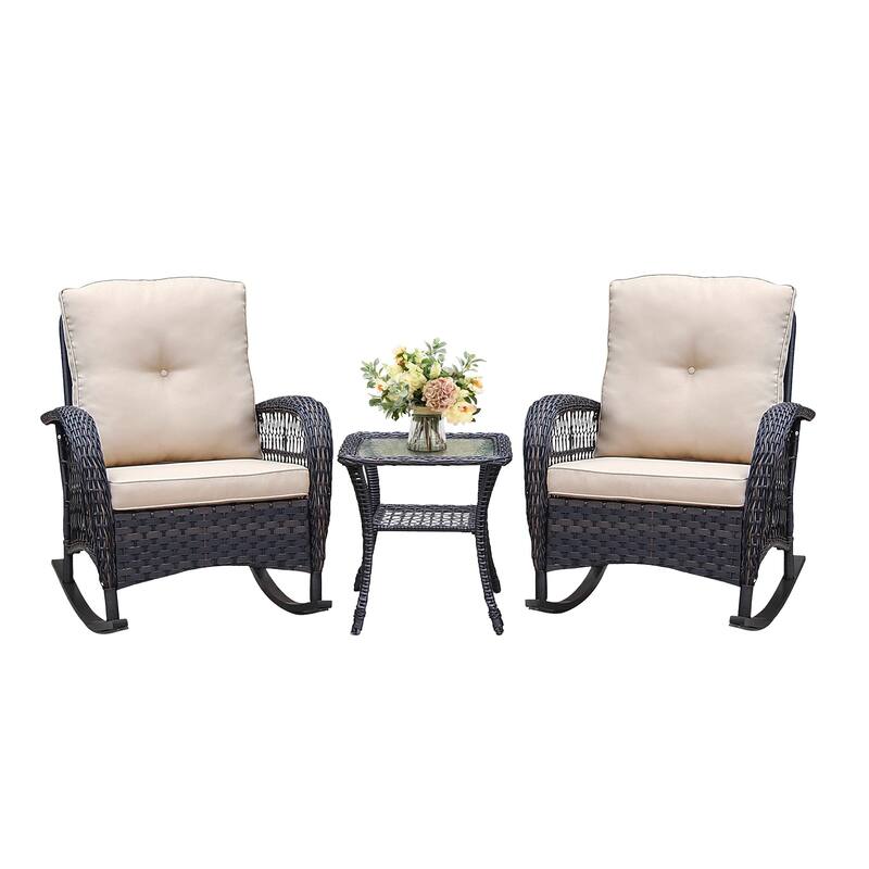 3 Pieces Outdoor Wicker Conversation Set with Glass Top Side Table - Beige